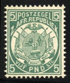 Transvaal #135R, 1892 Reprint, £5 dark green, hinged