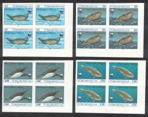 Turkmenistan WWF Caspian Seal 4v Corner Blocks of 4 IMPERF - RARR! 1993 MNH