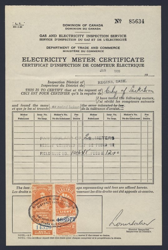 1935 Canada Revenue Cert w $2.00 & $10.00 Electric Light Stamps Cert. Scarce