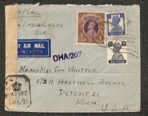 INDIA 163 175 & 178 STAMPS CALCUTTA TO MICHIGAN CENSORED AIRMAIL WW2 COVER 1945