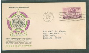 US 782 1936 3c Arkansas Statehood Centennial single on an addressed, typed, FDC with a Laird Cachet