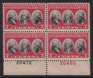 United States #703, Yorktown block of 4, MNH