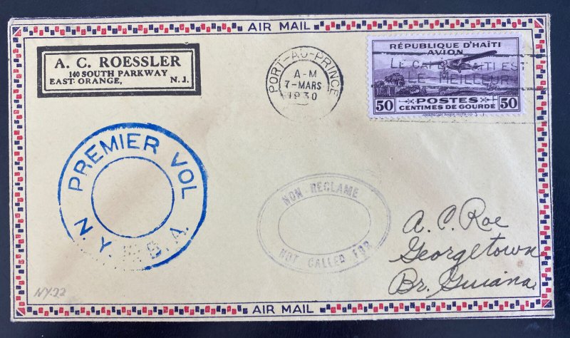 1930 Port Au Prince Haiti First Flight Airmail Cover To Georgetown Guiana 