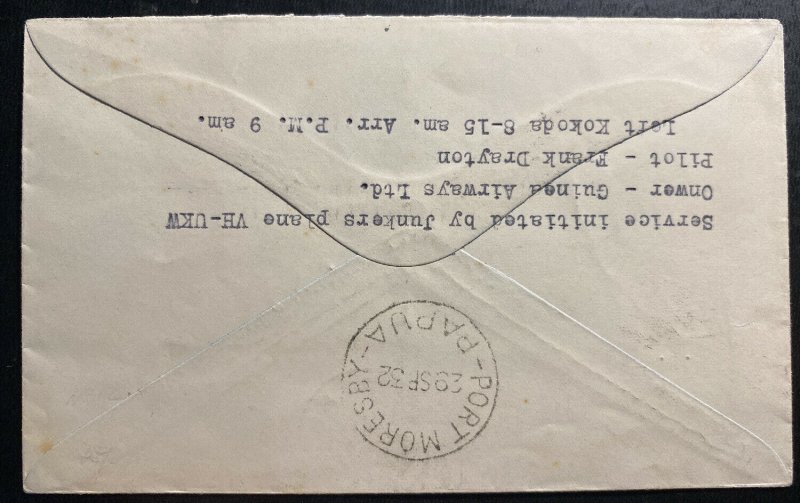 1932 Kokoda Papua New Guinea Airmail First Flight Cover FFC To Port Moresby