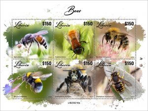 LIBERIA- 2023 - Bees - Perf 6v Sheet - Mint Never Hinged