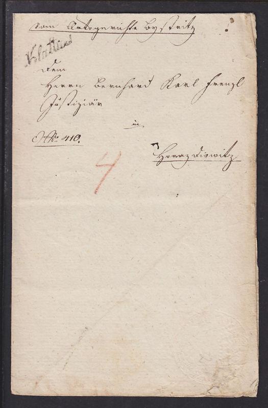 Austria 1825 SFL, script black KLATTAU postmark, embossed Austrian Coat of Arms