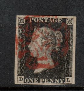 Great Britain #1 Used Fine - Very Fine With Red Maltese Cross Cancel