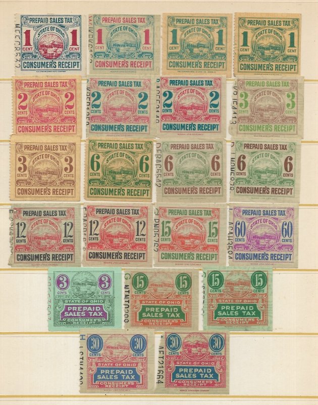 U.S. State of Ohio 21 Different Consumer Prepaid Sales Tax Receipt Stamps Used