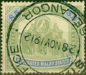 Fed of Malay States 1908 $5 Green & Blue SG50 Good Used Fiscal Cancel