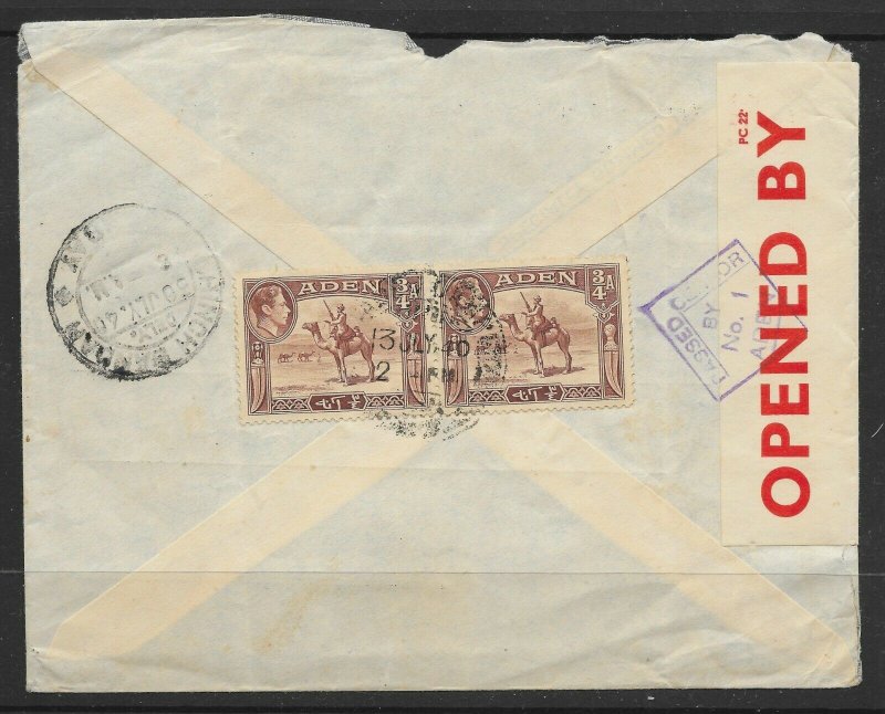 ADEN COVER 13 JULY 1940 TO BOMBAY OPENED BY CENSOR 1