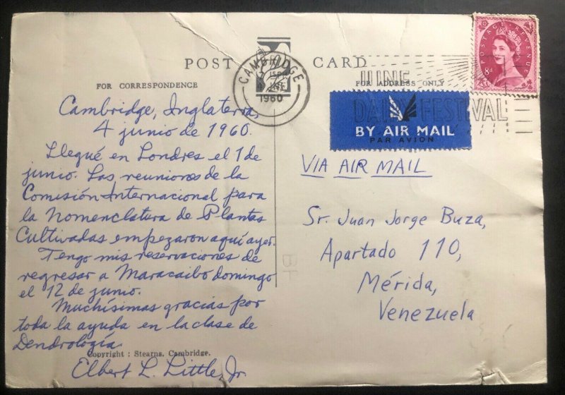 1960 Cambridge England Airmail Greetings Postcard Cover To Merida Venezuela