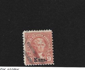 United States Scott 667 9-cent Kans. ovpt used