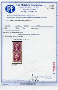 US SCOTT #722 LP, Mint-XF-OG-NH Graded 90 PF Cert SMQ $75 (DFP 5/25/20)