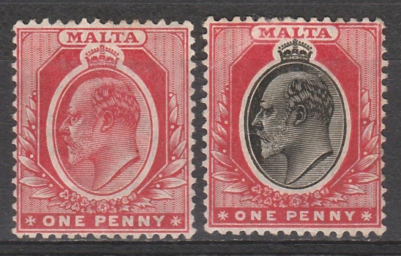 MALTA 1904 KEVII 1D BOTH COLOURS WMK MULTI CROWN CA