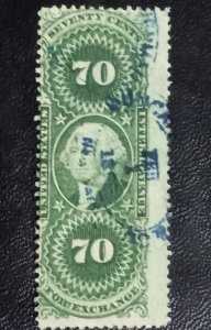 US Scott #R65c Used Fine Revenue Foriegn Exchange  Stamp 70c (1862):