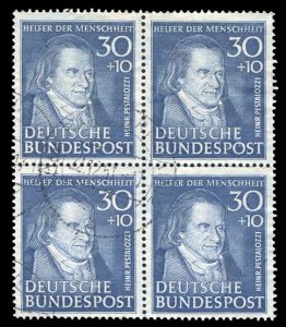 Germany #B323 Cat$360, 1951 30+10pf deep blue, block of four, used