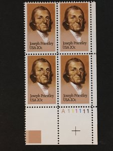 Scott # 2038 20-cent Joseph Priestley, MNH Plate Block of 4
