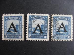 Colombia 3 used stamps each with a broken or disturbed A overprint error!