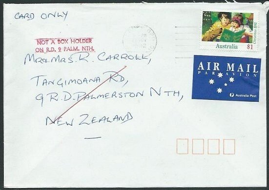 AUSTRALIA 1992 $1 single franking cover to NZ - 'Not a Box Holder' etc.....37871
