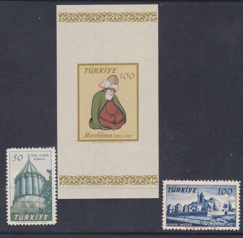 Turkey 1261-63 MNH 1957 Konya Museum & Jalal-udin Mevlana Souvenir Sheet