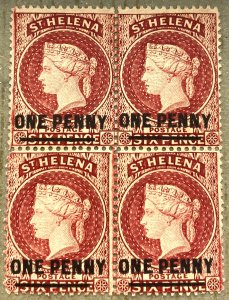 St Helena 18 / 1868 1p on 6p Brown Red Queen Victoria QV 4 Block, Unused