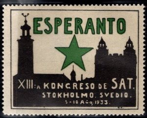 1933 Sweden Poster Stamp 13th Annual Esperanto Congress Of SAT Stockholm Sweden