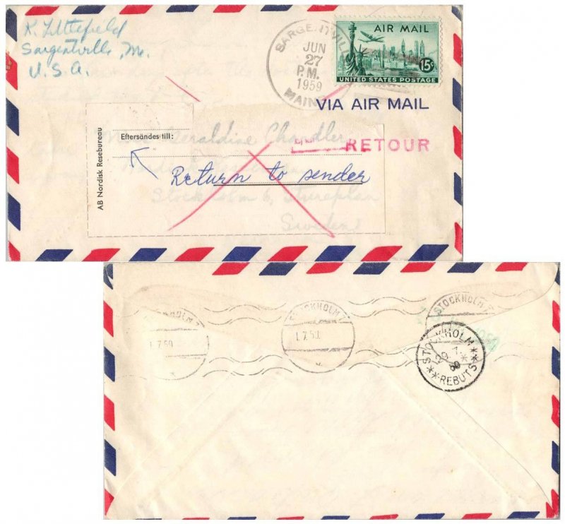 United States Airmail Issues 15c Plane Over Statue of Liberty 1959 Sargentvil...