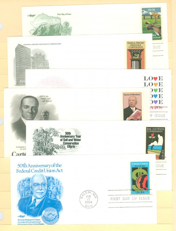 US 2066/2071-2075 1984 6 different FDCs. U/A. Artmaster and 1 Artcraft cachets. Alaska Statehood. FDIC. Love. Carter Woodson. So