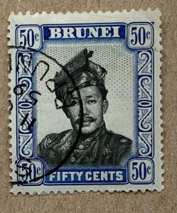 Brunei 1952 50c Sultan ultramarine shade, used. Scott 93,  CV $0.30.   SG 110