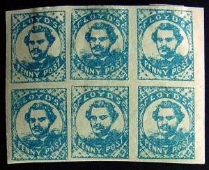 USA, Scott 68L1, Floyd's Penny Post, block of 6, Forgeries