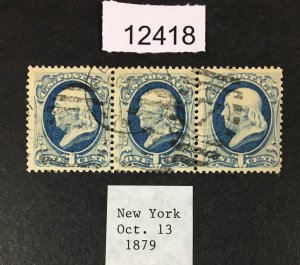 MOMEN: US STAMPS # 182 STRIP OF 3 USED LOT #12418