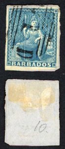 Barbados SG10 1855 1d Deep Blue on White Paper Four Margins Cat 60