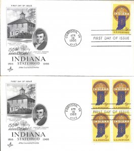 1966 FDC, #1308, 5c Indiana Statehood 150th, Art Craft - single/block of 4