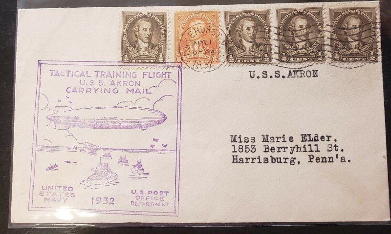 1932 USS Akron Tactical Training Flight cover Lakehurst NJ to PA.GW Bicentennial