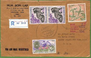 ZA1875 -  LAOS - Postal History - Registered AIRMAIL COVER to USA - 1975 animals