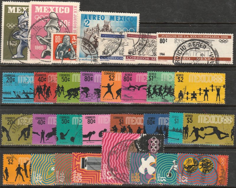 MEXICO GROUP OF 31 USED OLYMPIC AND PRE-OLYMPIC STAMPS OF THE 1968 OLYMPIAD. VF.