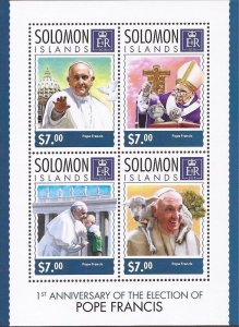 Solomon Islands - 2014 Pope Francis Anniversary - 4 Stamp Sheet - Scott #1572