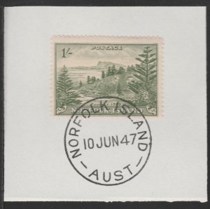 NORFOLK ISLAND 1947 KG6 BALL BAY 1s on piece with MADAME JOSEPH  POSTMARK