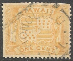 HAWAII 1894 Sc 74 Used 1c yellow Coat of Arms, VG Coat of Arms Honolulu cancel