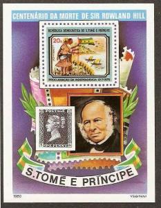 ST. THOMAS & PRINCE ISLAND 1979 FAMOUS PEOPLE, ROLAND HILL, STAMP ON STAMP M/...