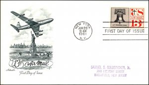 Scott C62 13 Cents Liberty Bell Artmaster FDC Typed Address Planty C62-4