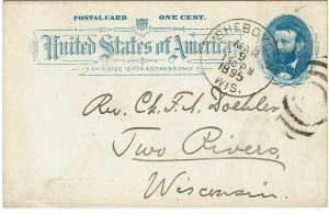 1895 Sheboygan, WI cancel on 1c Grant postal card, Picture Hanger variety top