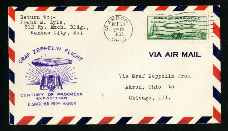 US Stamps # C18 XF Choice Flight Cover Arkon OH To Chicago IL, 1933