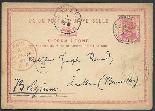 SIERRA LEONE 1896 1d postcard commercially used to Belgium.................56989