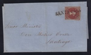 Chile 1859 5c Colon on Blued Paper Folded Cover w/SANTA ROSA Straight-Line