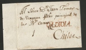 O) 1799 circa, CHILE, VALDIVIA, MARK IN RED, PREPHILATELIC. PRESTAMP, ADDRESS TO