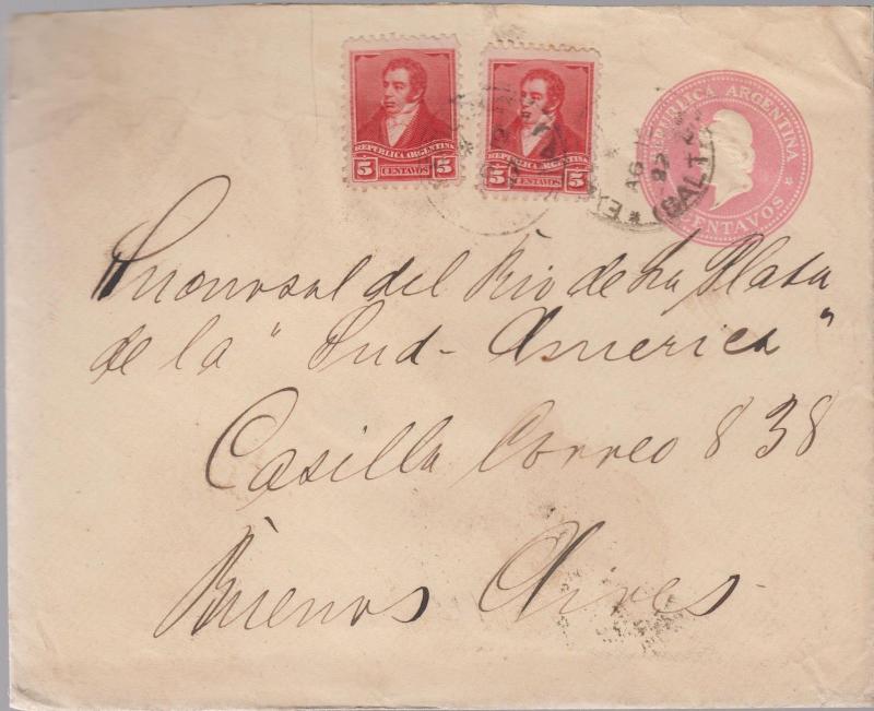 1897 Argentina Buenos Aires Postal Stationery Cover With additional Postage