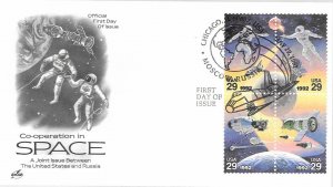 1992 FDC, #2634a, 29c Co-operation in Space, Art Craft, block of 4