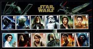 G.B.QE II 2015 STAR WARS SG3758a & SG3764a HORIZ STRIP of 6  COMPLETE SET SUPERB