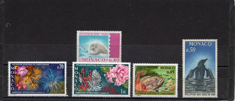 MONACO 1970-1974 MARINE LIFE SET OF 5 STAMPS MNH